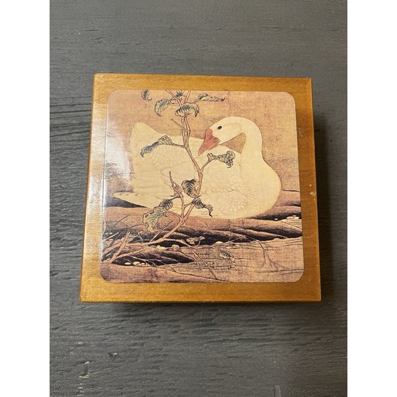 Vintage Wooden Goose Themed Coaster Box Set of 5 Matching Coasters - Picture 1 of 3